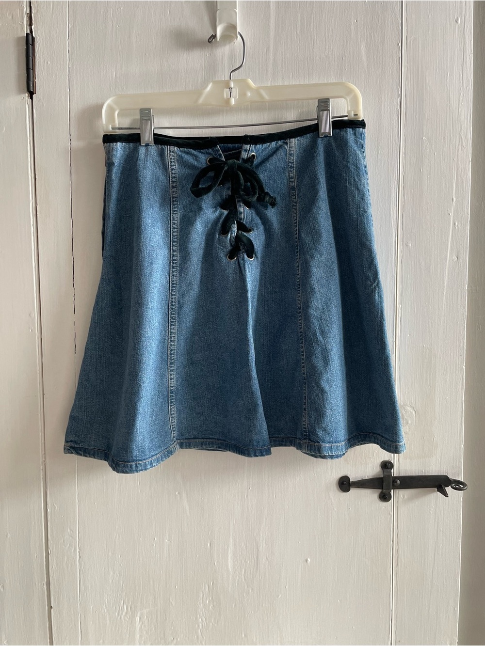 Vintage Guess Made in USA Blue Denim Velvet Lace-Up A-Line Skater Skirt